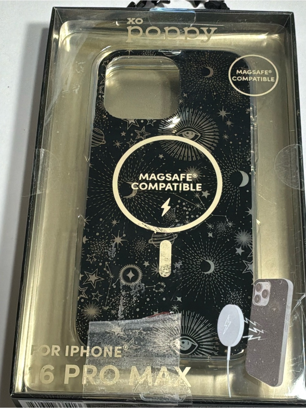 Poppy iPhone 16 Pro Max MagSafe case. Black & metallic celestial design. NIB